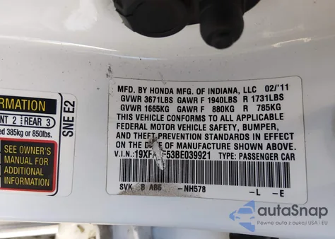 2011 Honda Civic Lx из США, поврежденный, VIN 19XFA1F53BE039921